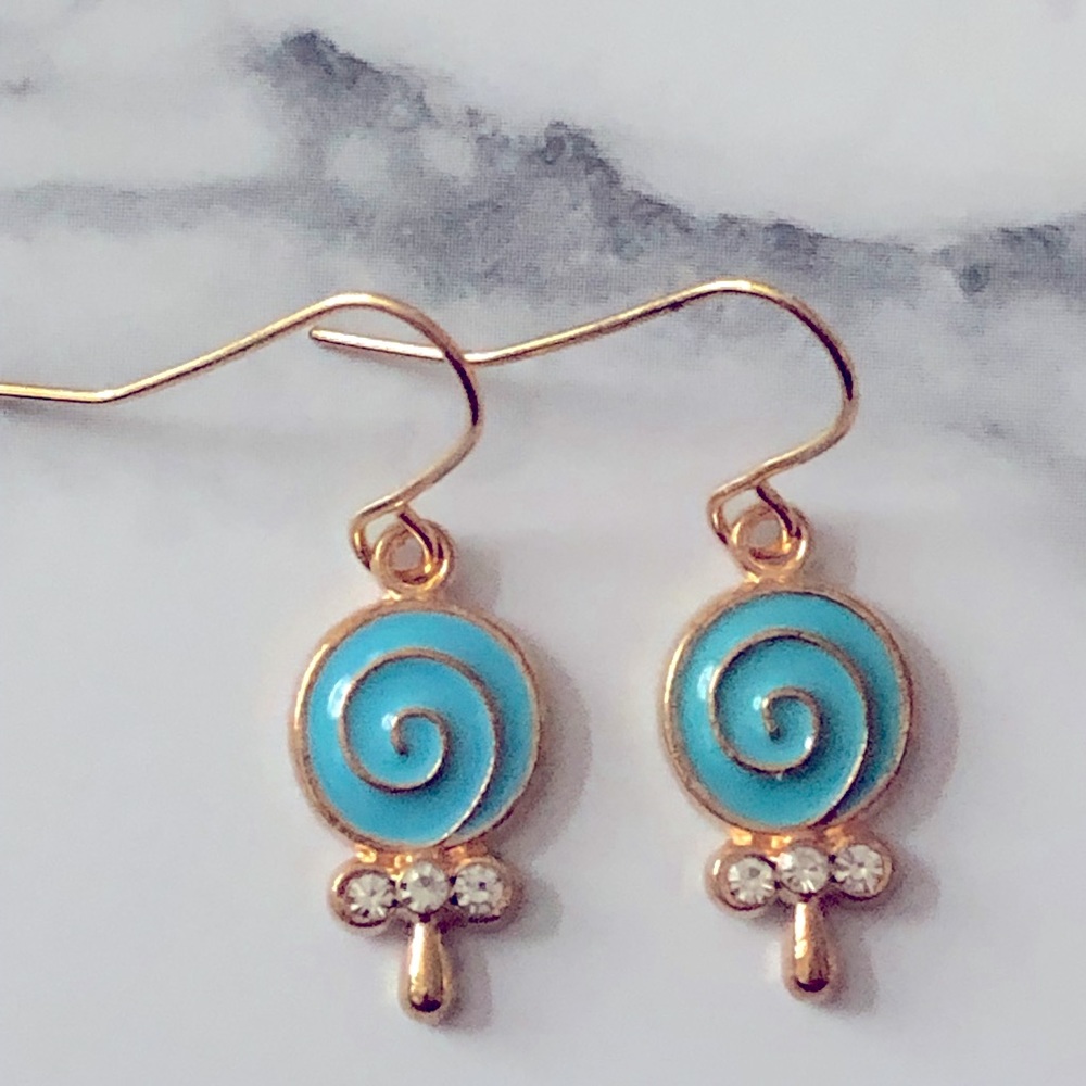 New Sparkling Lollipop Candy Cute Fun Blue Handmade Dangle Earrings Unique Gift